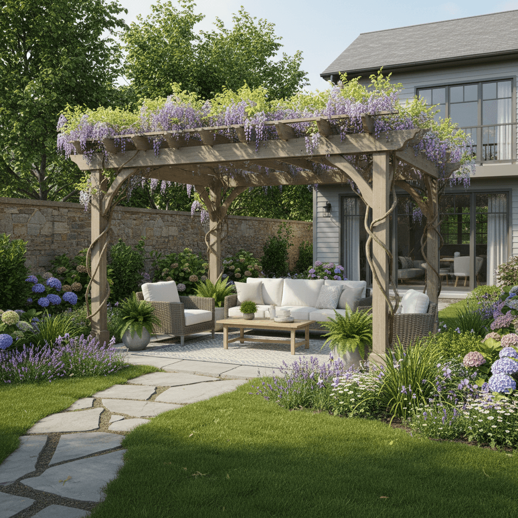 Completed pergola with landscaping in residential garden