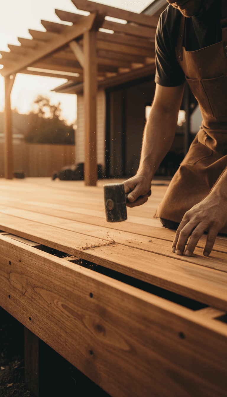 Carpenter installing the final board on a new timber deck
