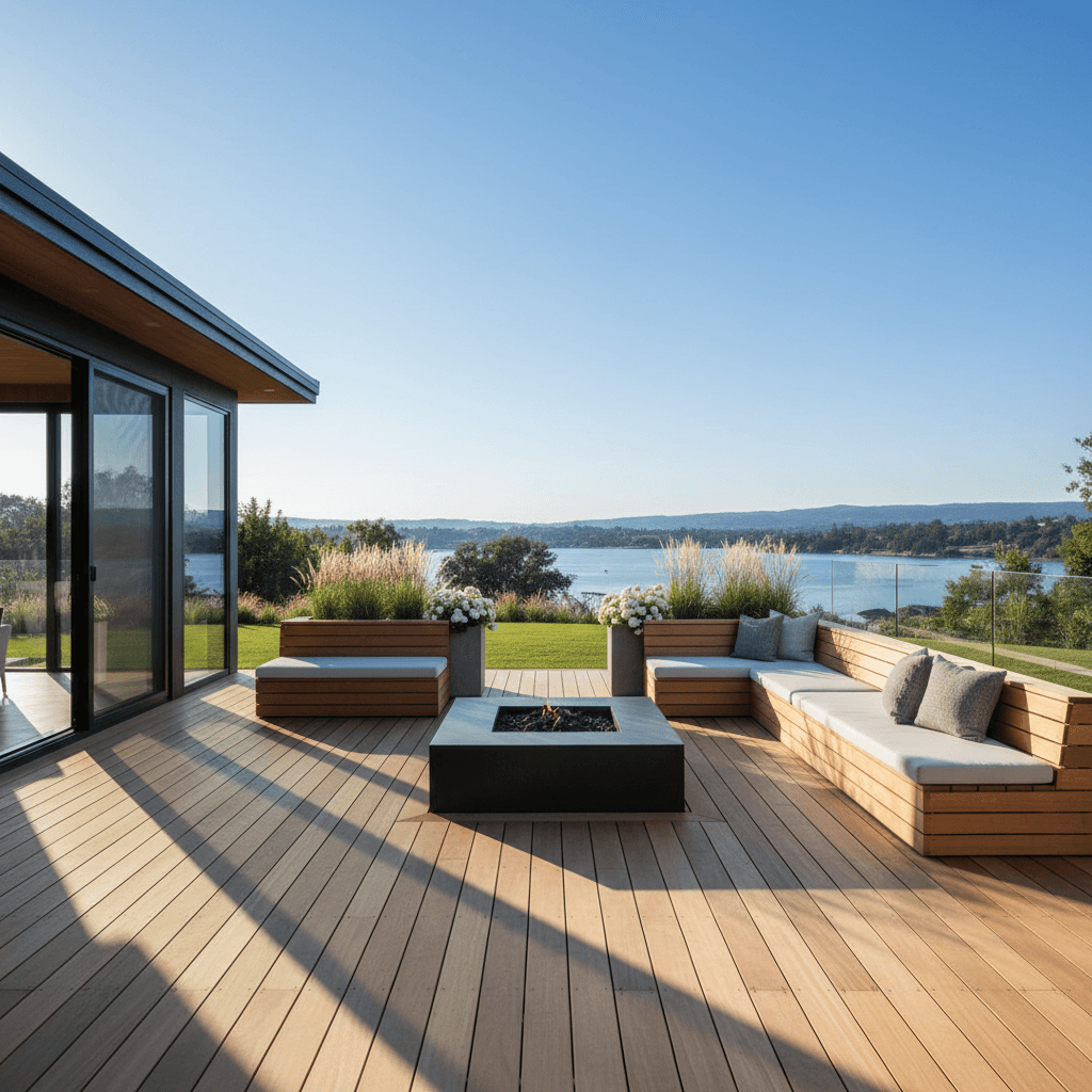 Custom-built deck with integrated seating and storage