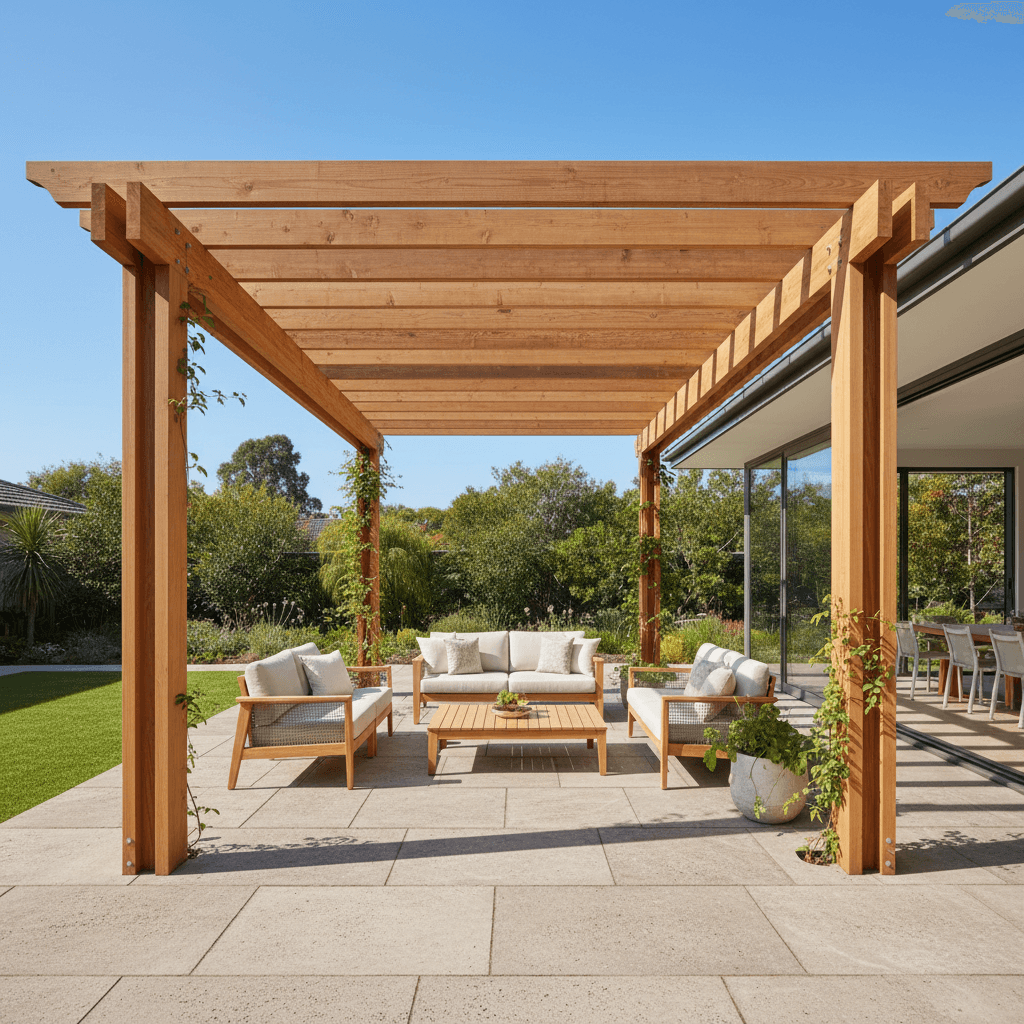 Timber pergola providing shade over outdoor living space
