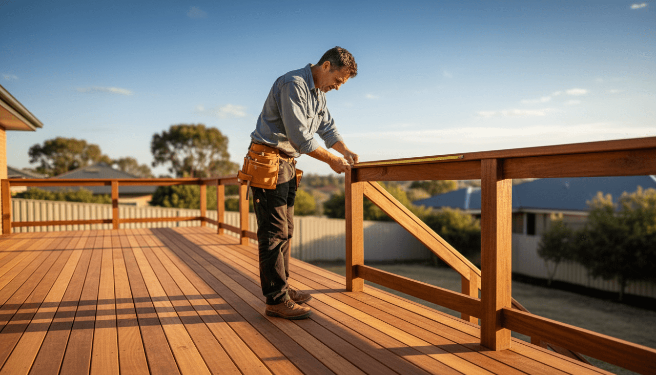 Carpenter inspecting a completed timber deck in Perth backyard during golden hour