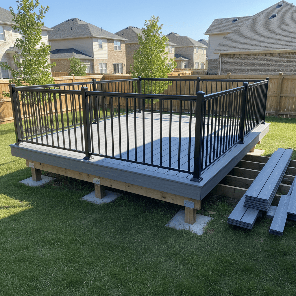 Completed composite deck with modern steel railings