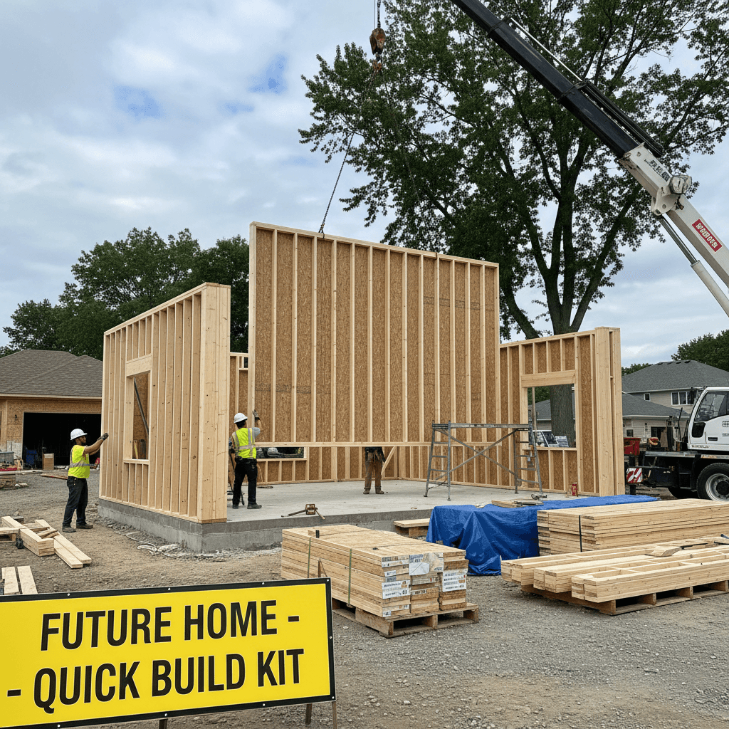 Home kit components ready for assembly on building site