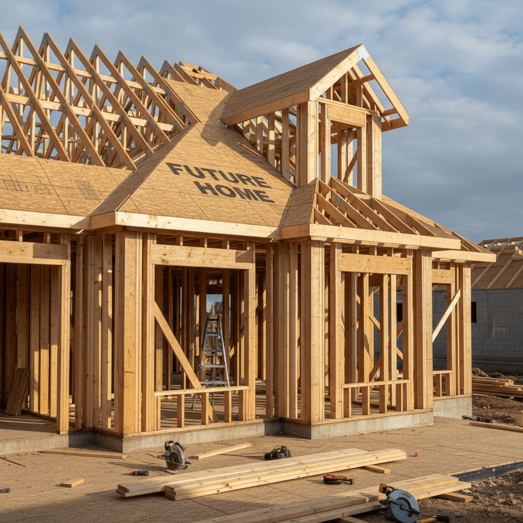 Exposed timber framing during home construction