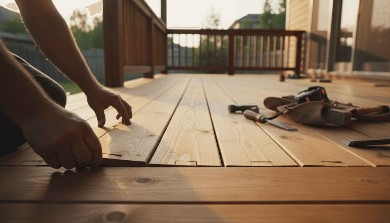 Carpenter installing deck boards on a residential outdoor deck with precision craftsmanship