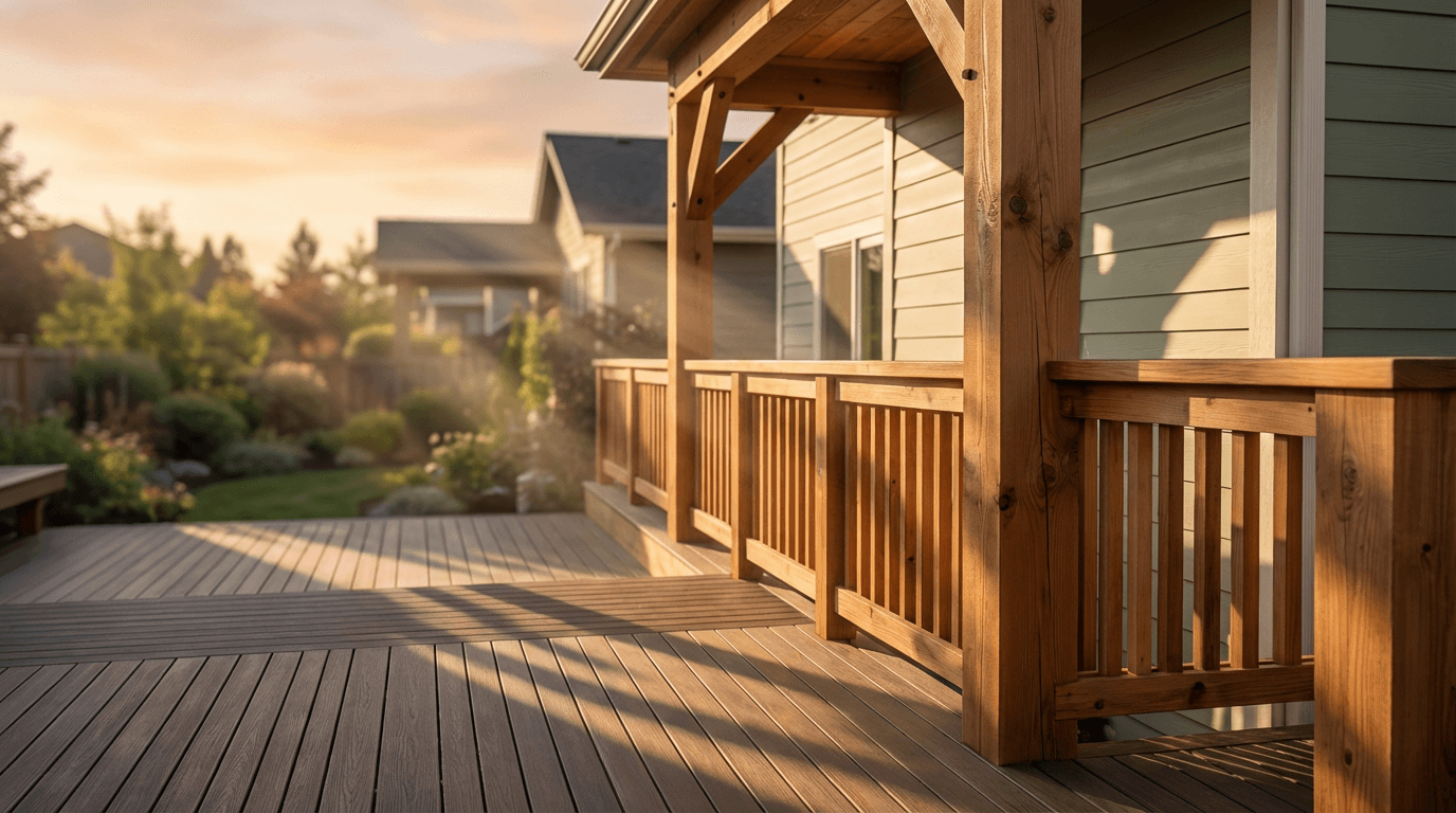 Skilled carpenter placing final finishing touches on a completed timber deck during golden hour